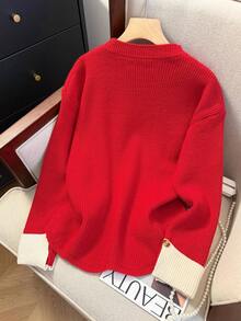 JIANHU 新款春季红色系带拼接针织毛衣女宽松修身百搭圆领长袖上衣，复古保暖休闲宽松春季造型 - 紅色 - 查看 4