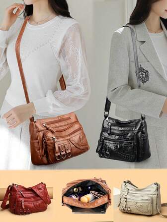 Bolso bandolera para mamá, accesorio retro, de PU impermeable con remaches y anillo de hierro