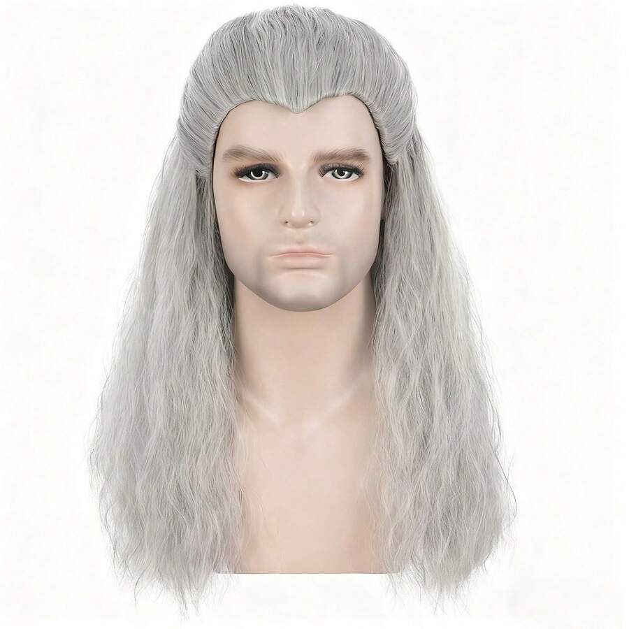 Men's Long Curly Silver Gray Wig, Halloween Cosplay Anime Costume Party Wig - Grey - View 1
