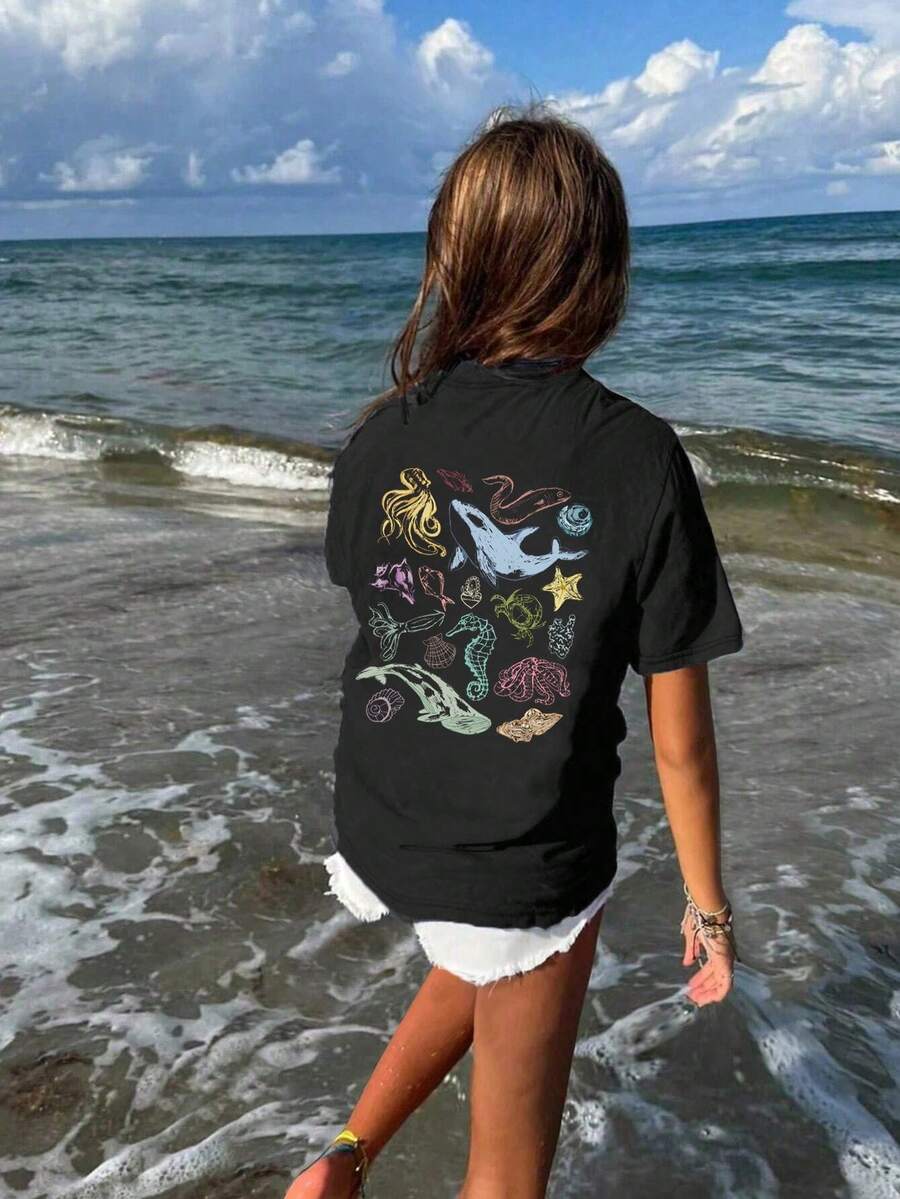 波西米亚风女童服装 - 可机洗，“丰富的海洋生物”印花休闲度假图案T恤，适合爱干净的女孩，青少年夏季上衣，少女衬衫 - 黑色 - 查看 1