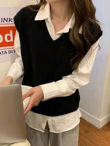 Chaleco de punto con cuello en V de color liso para mujer, adecuado para ocasiones cotidianas. - Negro - Ver 3