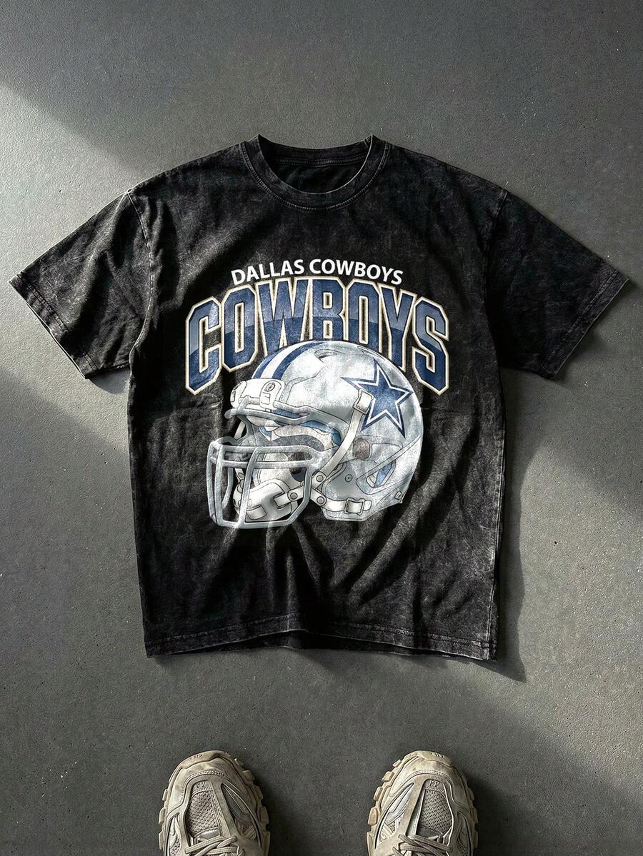 Dallas Football Helmet Graphic Tee Acid Washed Shirt Unisex Couple Matching Boyfriend Style Texas City Sports Fan Gear Navy Blue Silver Print Retro Game Day Aesthetic Distressed Cotton Graphic Tees Men Oversized T Shirt Summer Clothes Men Fall Clothes Men Winter Clothes Camisetas Para Hombre - màu đen - Xem 1