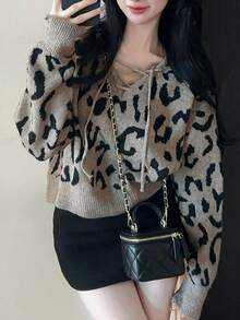 豹纹V领短款针织毛衣，秋冬 - 卡其色 - 查看 7