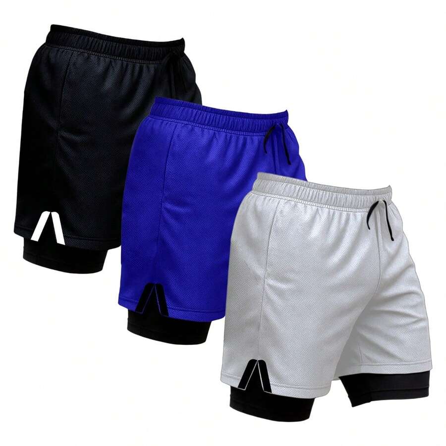 Kit Of 3 Dry Fit Thermal 2-In-1 Training Shorts With Cell Phone Pocket And Towel Holder - Fitness/Gym Shorts - 查看 1