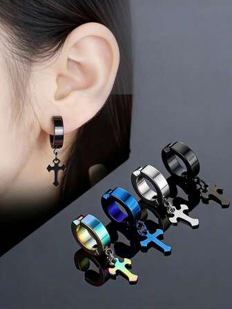 Titanium Steel Cross Pendant Ear Clip, No Piercing Needed, Punk Style Stainless Steel Fake Earrings, Men's And Women's, Must-Have, Perfect Gift Choice