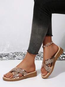 Women's Platform Wedge Sandals With Criss-Cross Strap, Casual Summer Travel Gold Butterfly Decor Flat Slide Slippers - Rose Gold - View 6