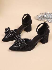 2025 New Basic Bow Rhinestone Decor Black High Heel Pumps, Pointed Toe Sexy Stilettos For Dresses, Autumn/Winter,Chunky Heels - Black - View 6