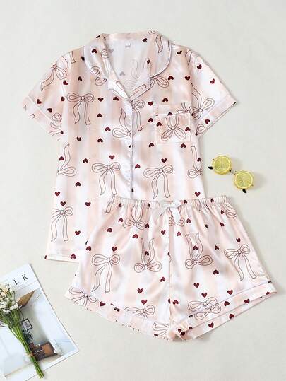 Striped Bow Print Women Poplin Short Sleeve Shorts Pajama Set