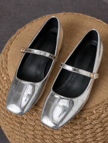 Zapatos de tacón bajo cuadrado con punta cuadrada y textura metálica plateada - 3cm - Plateado - Ver 4