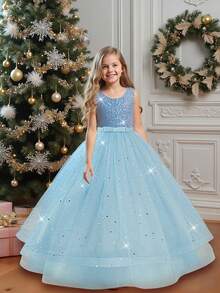 少女无袖圆领亮片网纱长款优雅正式连衣裙，适合婚礼、生日、派对等场合 - 淺藍色 - 查看 2