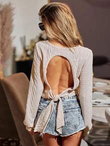 Women's Fashion Long Sleeve Crew Neck Knit Top, Cable Knit, Backless Tie Design, Cropped Length Summer - Apricot - View 2