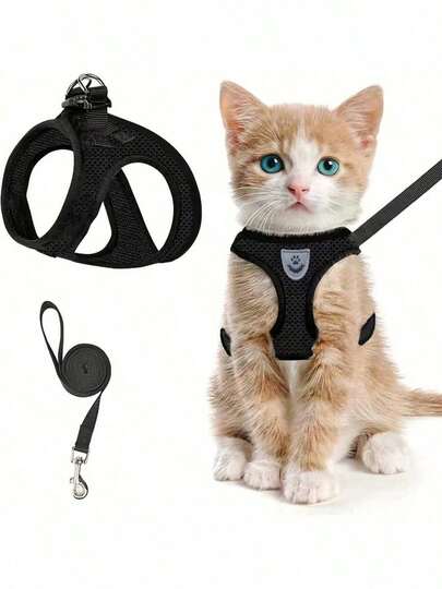 1pc Breathable & Comfortable Pet Chest Harness, Suitable For Walking Dogs And Cats, Outdoor Shock-Absorbing Leash, Black Vest-Style Chest Harness