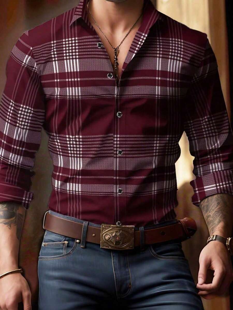Camisa de manga larga casual y versátil con estampado de cuadros para hombres - Rojo y blanco - Ver 1