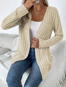 Women's Solid Color Ribbed Brushed Pocket Cardigan Jacket, Long Sleeve, Autumn/Winter, New Arrival, Cross-Border Export To Europe And America Spring - Apricot - View 5
