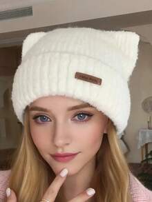 1pc Women's Hat With Leather Label Letter & Small Ears, Knitted Beanie, White, Versatile, Warm & Cozy For Daily Wear In Winter - White - View 5