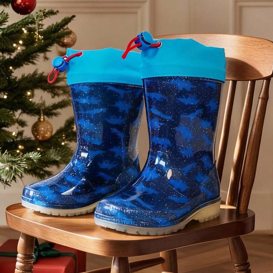 Kids Boys' Cartoon Dinosaur Waterproof Anti-Slip Glossy PVC Rain Boots With Drawstring, Lightweight, Odorless, Easy To Clean, Non-Slip Comfortable, Suitable For Outdoor Activities