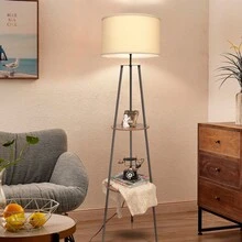 HonoDing Tripod Floor Lamps For Living Room, Mid Century Floor Lamp With Shelf, 62" Standing Lamp Modern Floor Lamp With Beige Linen Texture Shade For Living Room, Bedroom, Office - 查看 6
