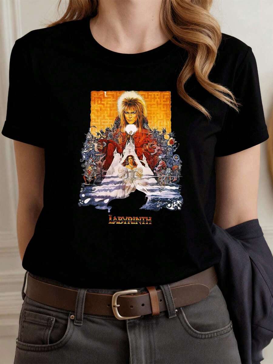 Labyrinth Movie Graphic Tee, High Quality Fabric, Comfortable Fit, Street Hip-Hop, Unique Graphic Print - 黑色 - 查看 1