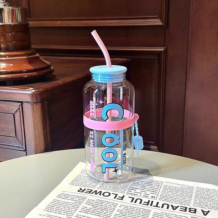 Large Capacity Mirror Glass Cup With Straw, Minimalist Office/Household Water Cup - GP-4140B Transparent Blue-pink - View 1