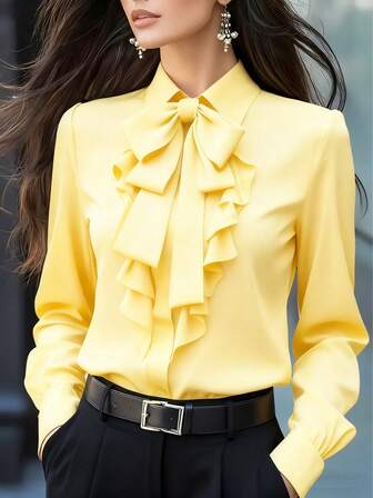 Women's Elegant Long Sleeve Blouse, Yellow Tie Collar With Ruffle And Bow Details, Regular Fit Top, Suitable For Work, Spring, Autumn