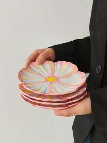 1/2/4pcs Pink Floral Ceramic Plates, European Sunflower Ceramic Dinner Plates, Casual Snack Plates, Afternoon Tea Dessert Trays, Breakfast Plates, Coffee Trays, Ceramic Dinnerware, Fruit Plates, Candy Dishes, Gift Tableware - Multicolor - View 4