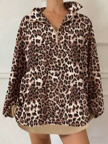 Plus Size Women Leopard Print Half Zip Loose Sweatshirt Casual Vacation Spring - Khaki - View 5