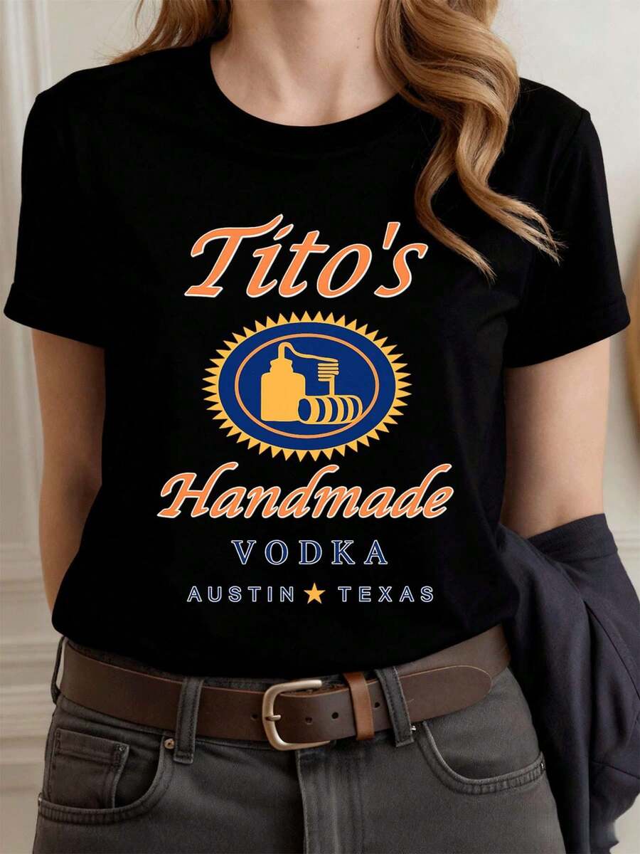 Tito's Vodka Graphic Tee In Soft Cotton, Crew Neck, Relaxed Fit, Casual - 黑色 - 查看 1