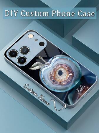1pc Customized Name, Blue Gemstone Apple Design Tempered Glass + TPU Soft Edge Phone Case For Samsung S24 Ultra/S25 Ultra And Apple 17 Pro Max/16 Pro Max/15 Pro/14 Plus/13 Pro/12 Pro Max/11/Xs Max/8/7/6 Plus, /Redmi Phones, Suitable As Birthday Gift, For Girlfriend/Boyfriend Or Personal Use