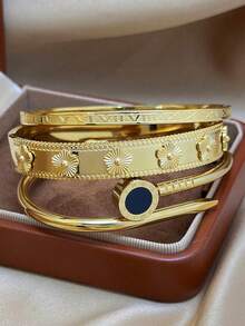 18 Karat vergoldetes Edelstahl Blumen Armband, geeignet für den täglichen Gebrauch von Frauen, klassisches Blumen- und Römische Ziffern Nieten Design, wasserdicht, europäischer und amerikanischer Stil, Lässig, Hochzeit, Party, Valentinstag Geschenk