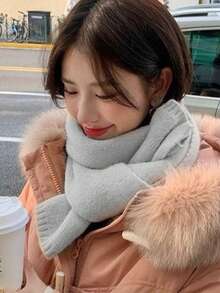 New Korean Version Versatile Knitted Scarf For Women Winter Atmosphere Solid Color Simple Soft Warm Slouchy Style Small Neck Warmer - Light Grey - View 4