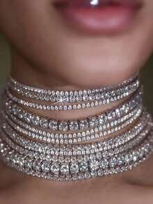 1件奢华优雅短款水晶项链，镶嵌闪亮水钻，多层水晶项链，女士水钻项链，独特珠宝，婚礼派对礼物，超闪亮爪链多层玻璃钻石项链，夸张的欧美风配饰，女士宴会时尚配饰 - 銀色 - 查看 2