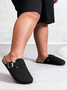 男士休闲纯色宽楦穆勒鞋，舒适防滑耐磨软底，圆头设计，舒适织物鞋面，PVC鞋底，套脚式设计，适合全年户外活动。 - 黑色 - 查看 3