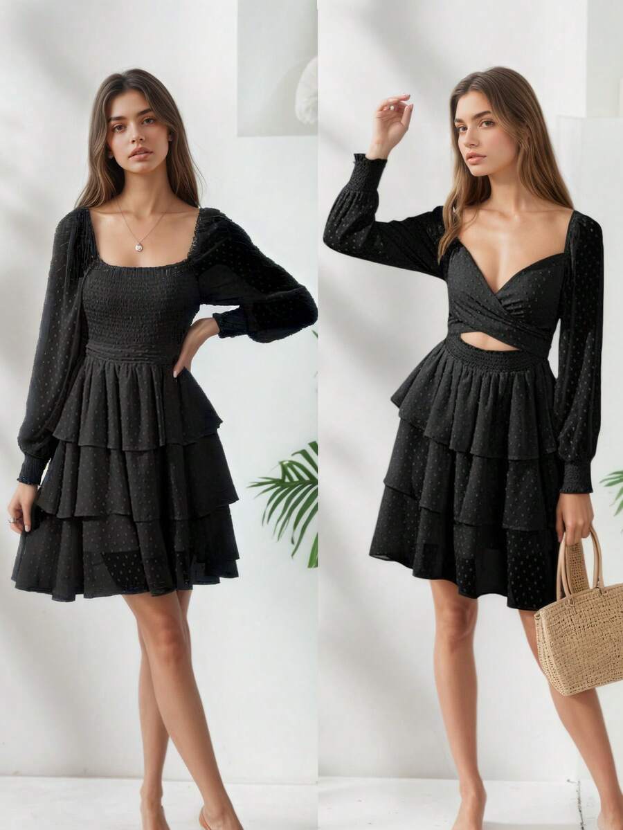 Vestidos Casuales de Manga Larga con Mangas de Rejilla para Mujer, Casual y Elegante Reversible - Negro - Ver 1