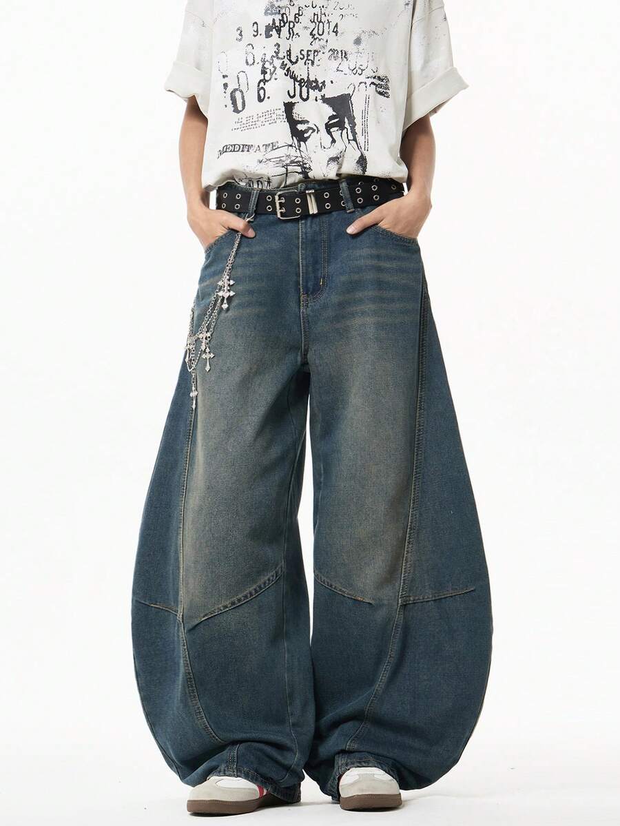 1 pieza Jeans rectos con diseño de parches y lavado vintage desgastado de ajuste holgado para hombre (Cinturón y accesorios no incluidos) - Azul - Ver 1