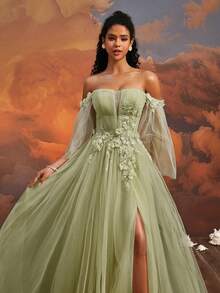 VIPGIRL فستان طويل من التول بتصميم الكتف المنحرف بلون أخضر نعناعي أنيق، فستان سهرة مزين بتطريزات زهرية ثلاثية الأبعاد وشق عالي، فساتين رسمية وسهرة للنساء، فستان حفلات تخرج أحلامي أميرة، فستان سهرة فاخر - مشاهدة 3