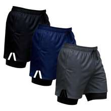 Kit Of 3 Dry Fit Thermal 2-In-1 Training Shorts With Cell Phone Pocket And Towel Holder - Fitness/Gym Shorts - 灰色/黑色/藏青色 - 查看 1
