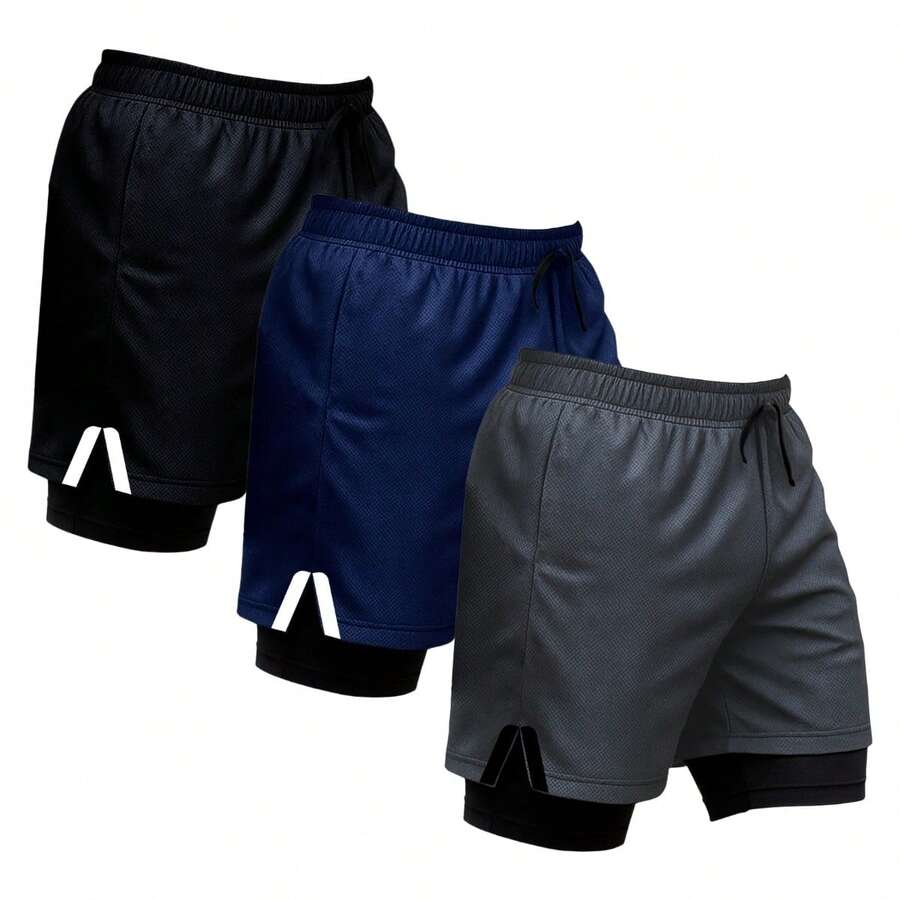 Kit Of 3 Dry Fit Thermal 2-In-1 Training Shorts With Cell Phone Pocket And Towel Holder - Fitness/Gym Shorts - 灰色/黑色/藏青色 - 查看 1
