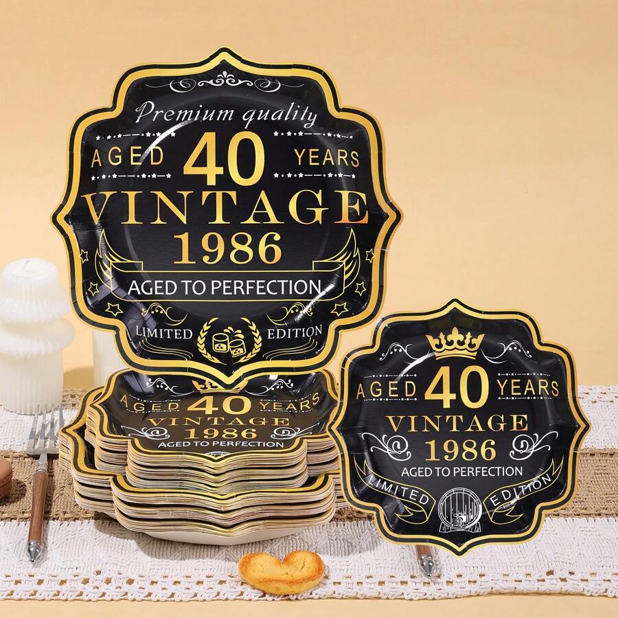 10pcs/20pcs/30pcs/60pcs Black & Gold Retro 40th Birthday Party Tableware Set, 1986 Themed 40th Birthday 9-Inch & 7-Inch Disposable Paper Plates And 9oz Paper Cups Party Supplies, 40th Anniversary Paper Plates & Cups, Suitable For Men And Women, Anniversary Single Birthday Party Decorations - Multicolor/1986 - View 1