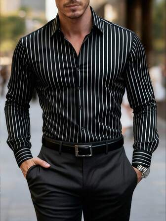 Camisa formal de vestir de manga larga con rayas y abotonadura sencilla para hombre