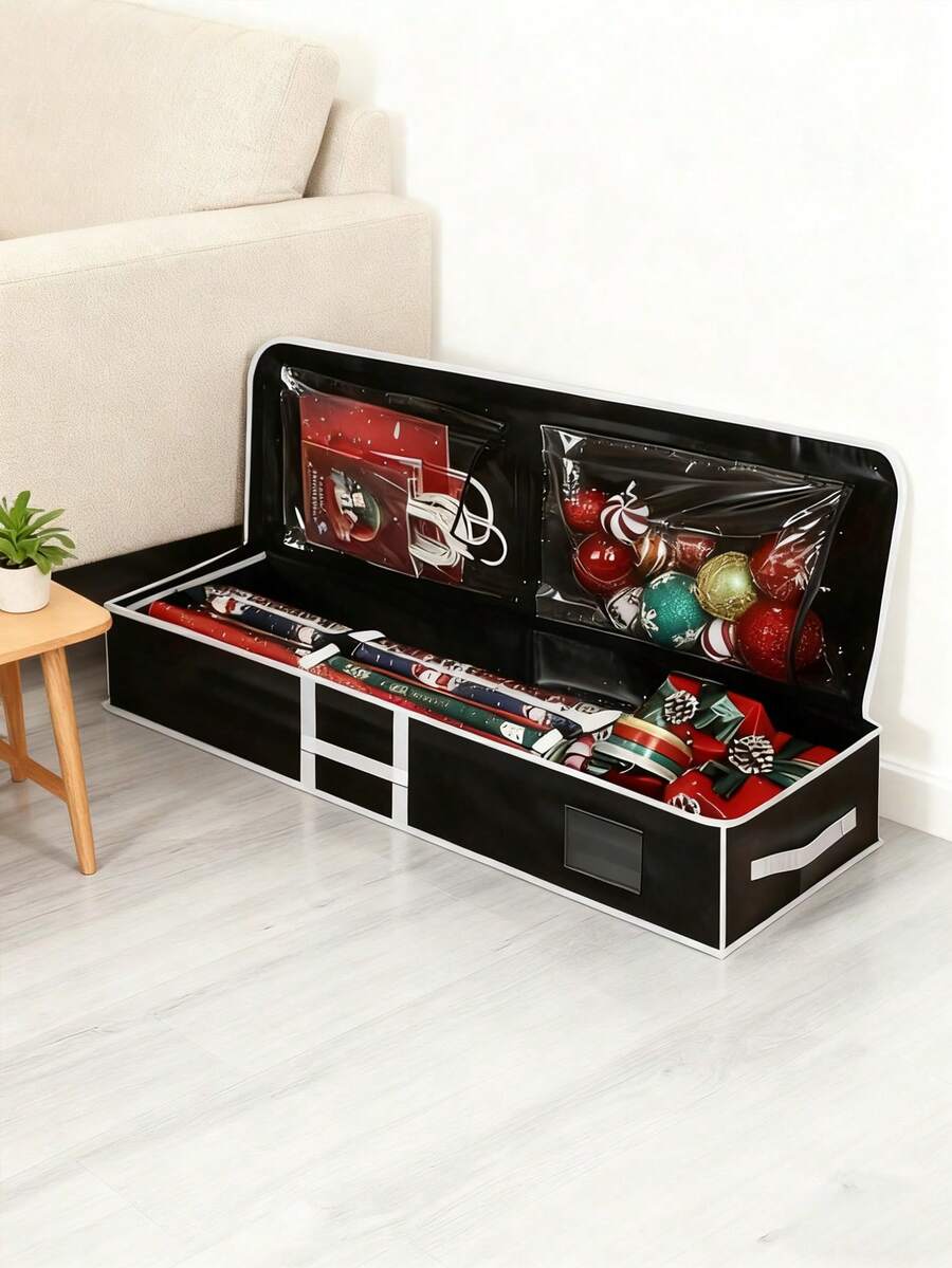 1 pieza Caja de almacenamiento de papel de regalo, organizador de embalaje de regalo, caja de almacenamiento de papel de regalo resistente al agua y a los desgarros, bolsa de almacenamiento navideño con forro interior - Negro - Ver 1