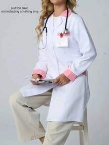 معطف أكمام طويلة بألوان متباينة، ملابس عمل عصرية للمختبر المدرسي، الصيدلية، التنقل، والألعاب التمثيلية - أبيض - مشاهدة 6