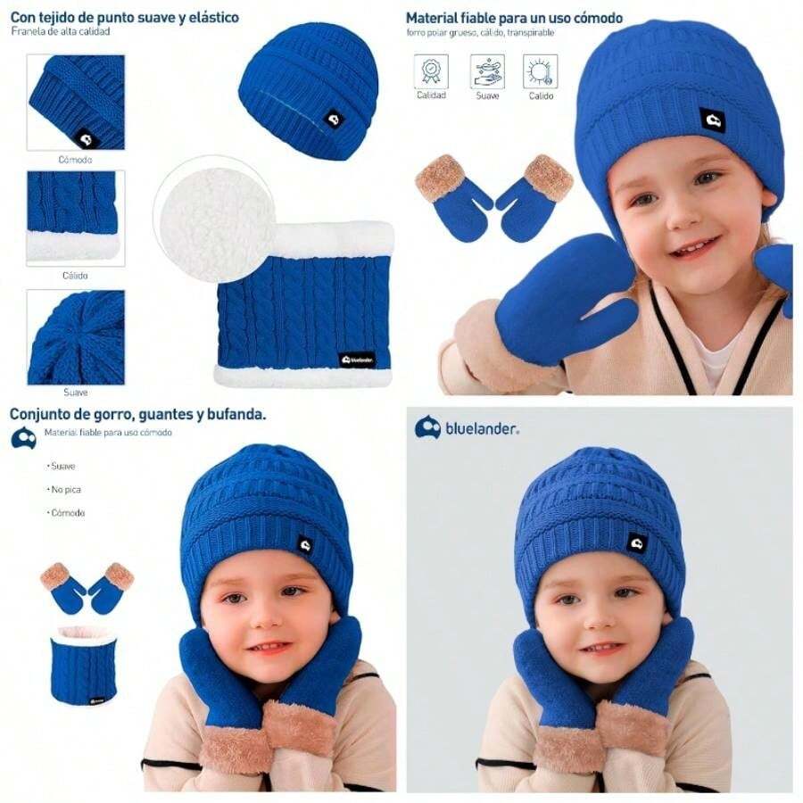 Bluelander Juego de Gorro, Bufanda y Guantes de Invierno, Calentador de Cuello para Nias y Nios, Set de 4 piezas para Nia y Nio, a Prueba de Viento, Forro de Lana - Talla Única + Azul - Ver 1