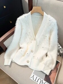 Stylish Furry Cardigan,Long Sleeve Tops - White - View 2