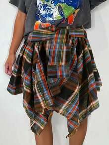 Women's Spring Half Mini Skirt With Elastic Waist And Asymmetric Hem In Color Check Pattern - Multicolor - View 1