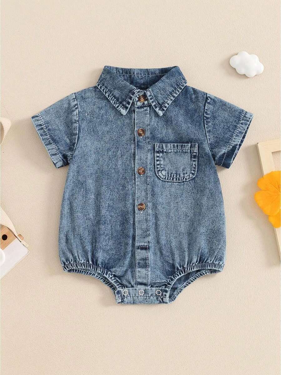Mono vaquero para bebés, niños y niñas, color liso, manga corta, cuello vuelto, monos de verano con botones, monos casuales - Azul - Ver 1