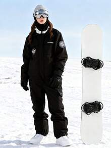 1件中性工裝風連身式滑雪服，寬鬆落肩褲裝，側開衩褲腳，黑色運動款 - 黑色 - 查看 6