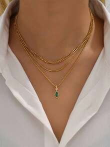 Nooxian 3件套女士礼物，简约水晶和立方氧化锆不对称吊坠叠戴项链，独特珠宝礼物 - 金黃色 - 查看 1