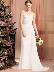Elegant Embroidered Sleeveless Spaghetti Strap Wedding Gown With Flowing Overlay Summer Little White Dress For Lawn Weddings & Garden Parties - White - View 5