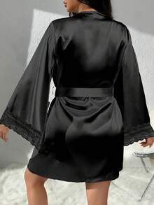 大码女士缎面睡袍 - 性感蕾丝V领，可调节腰带，宽松版型，四季皆宜，可机洗，蕾丝细节 - 黑色 - 查看 4