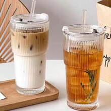 20oz Vertical Stripes Glass Coffee Cups With Lid & Straw Set Of 4 Premium Thickened Glass For Iced Coffees Cocktails Juices Family Use & Parties Leak Proof Tumblers Drinkware Stylish - 2Pack - View 8